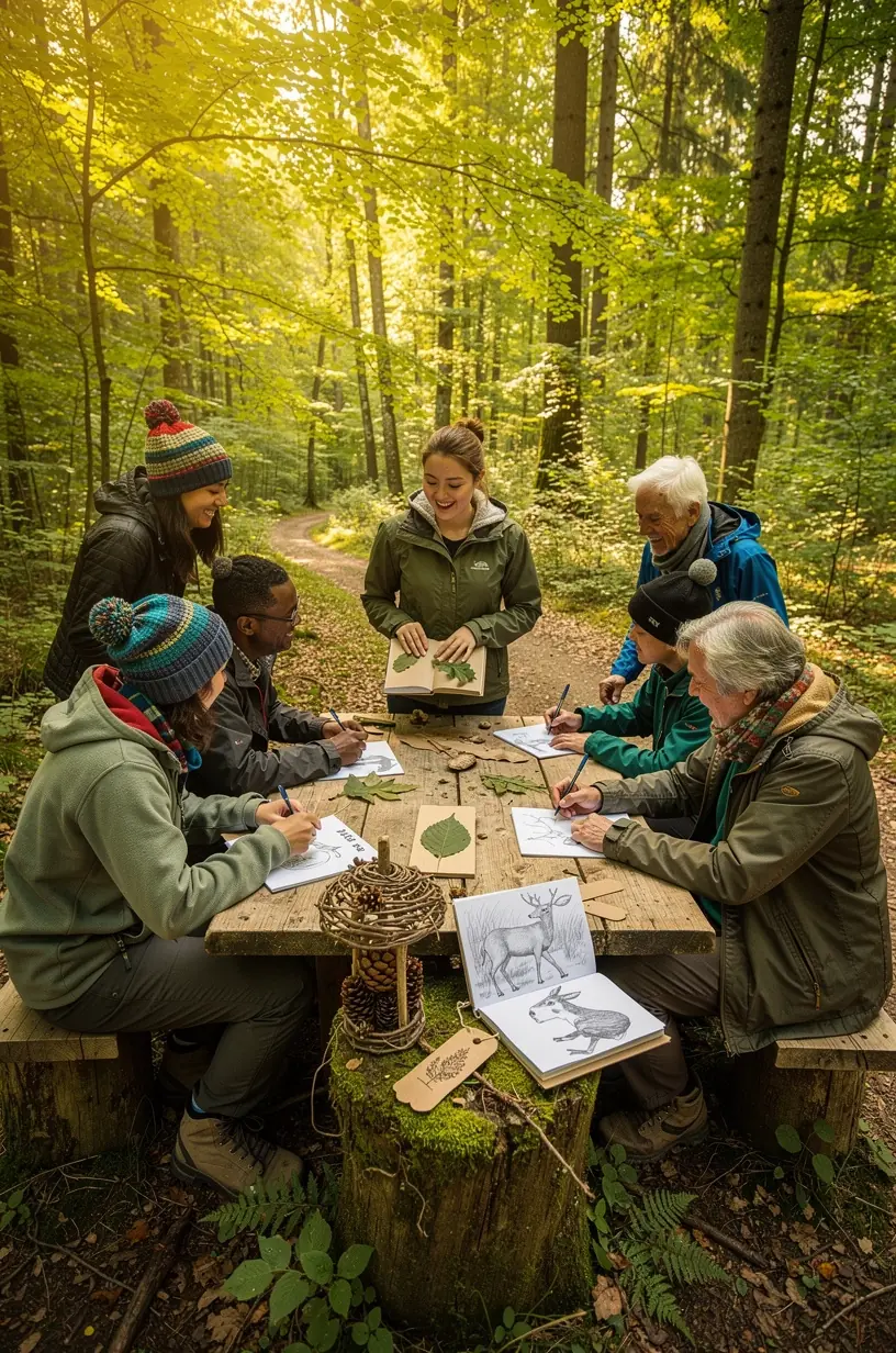 Teilnehmer meditieren entspannt auf einer Waldlichtung, umgeben von üppiger Natur und Vogelgesang